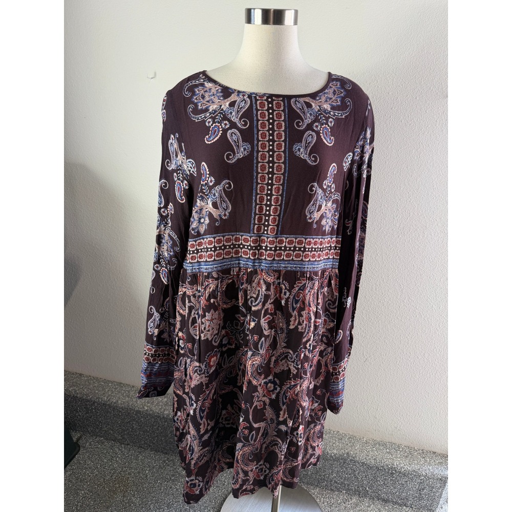 Knox Rose Women Plus XXL Burgundy Paisley Empire Waist Long Sleeve Pocket Dress